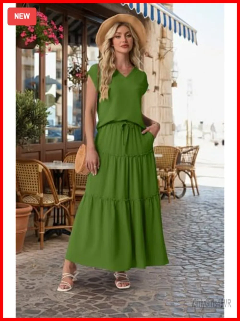 2 Piece Maxi Skirt Set V Neck Top Flowy Office Casual Outfit